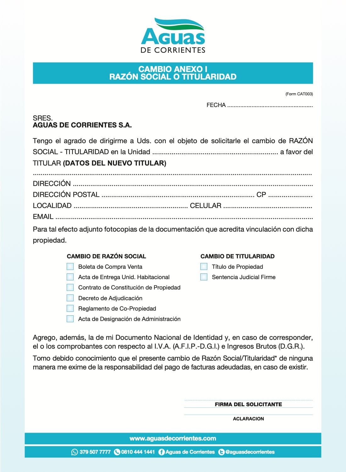 Formulario CAT003 de Aguas de Corrientes con la opción de cambio de titularidad y los datos que completa quien solicita el trámite.