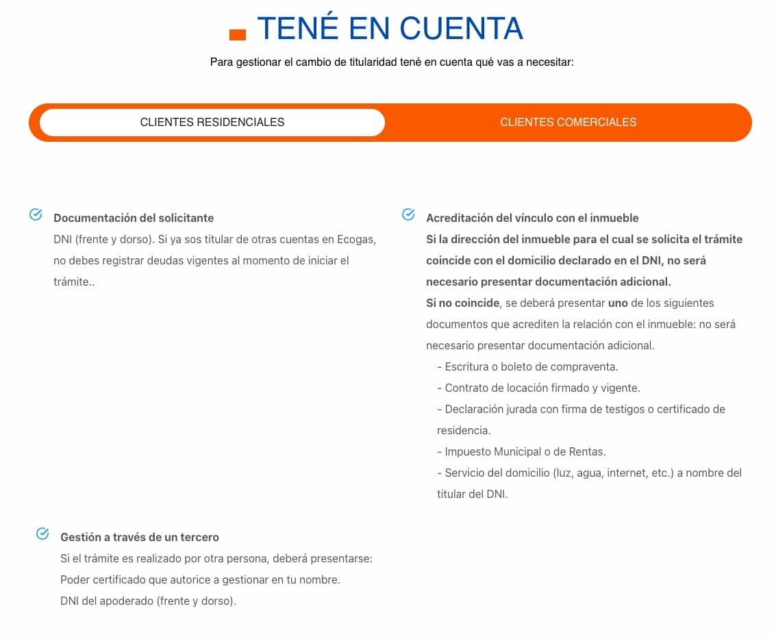 Requisitos residenciales de Ecogas para acreditar el vínculo con el inmueble y representar al solicitante.