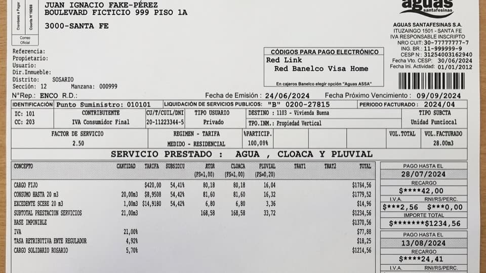 Factura de Aguas Santafesinas de ejemplo para un usuario de Santa Fe, con Punto de Suministro, consumo, servicios y códigos de pago