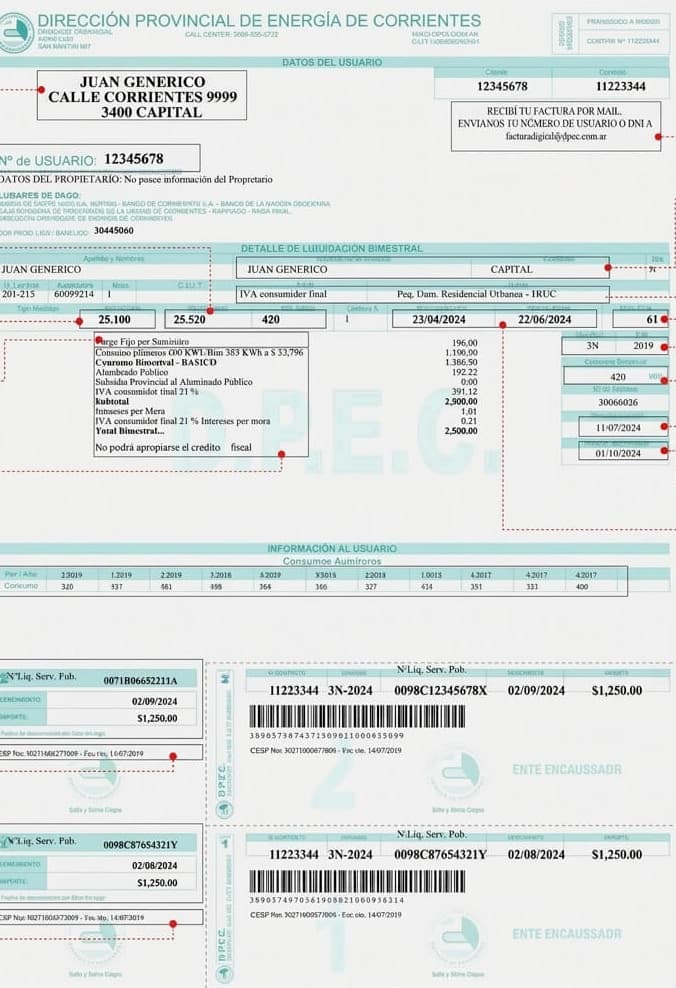 Factura bimestral de la DPEC de ejemplo, con el número de usuario, el consumo en kWh, el detalle de conceptos y los dos talones de pago con sus vencimientos