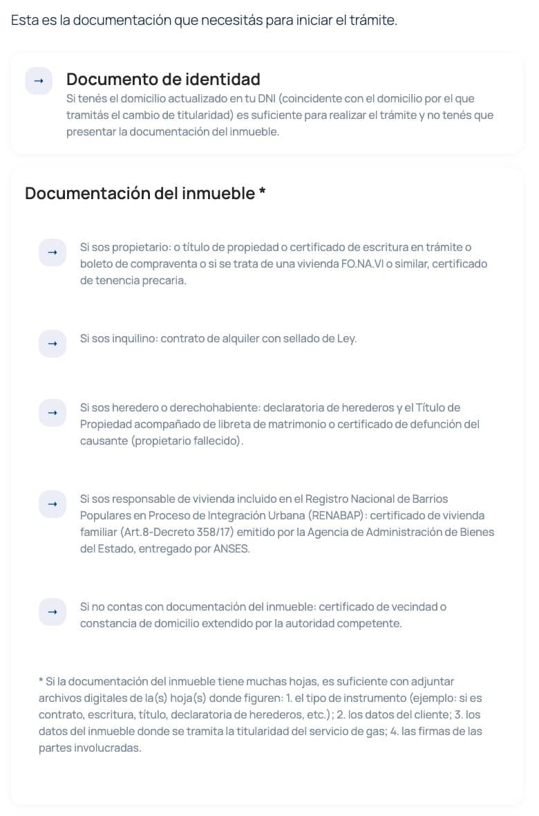 Ficha residencial de Litoral Gas con los documentos requeridos y el botón para iniciar el cambio de titularidad.