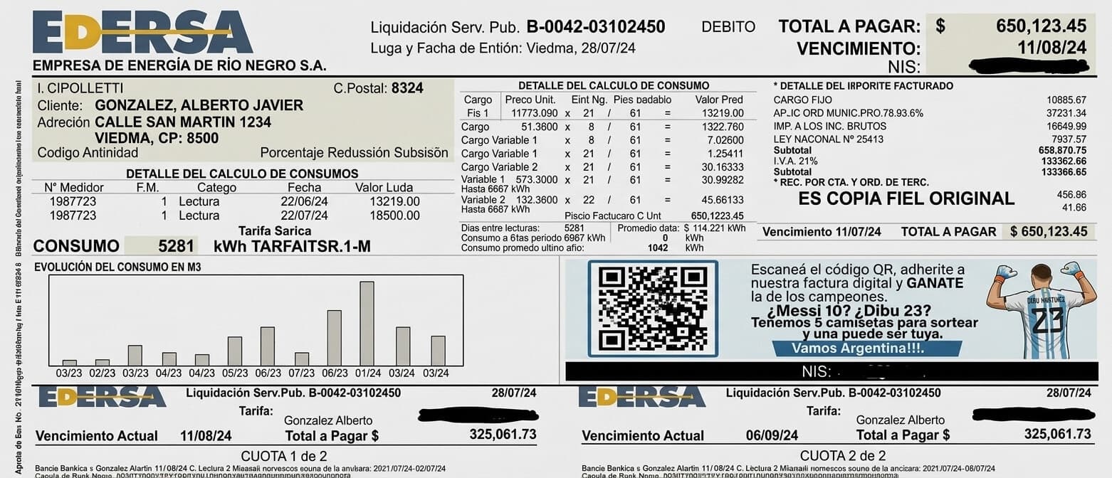 Factura de EDERSA de ejemplo con NIS, consumo, cargos, vencimientos y cuotas