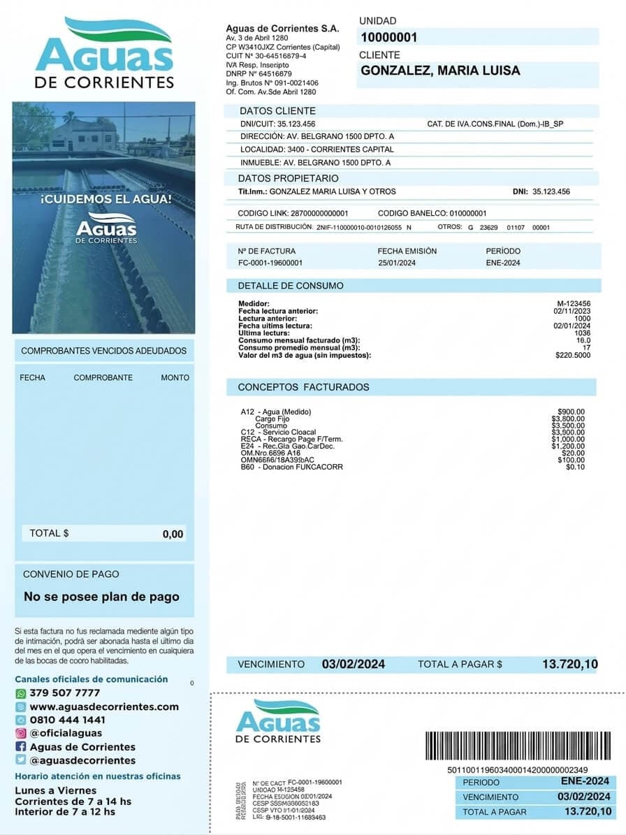Factura de Aguas de Corrientes de ejemplo, con el número de unidad, los códigos Link y Banelco, el vencimiento y el total a pagar