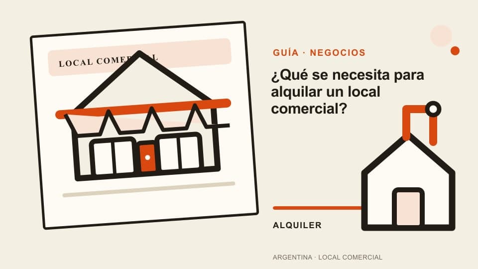Vista previa de la guía sobre requisitos para alquilar un local comercial, con un local ilustrado y una llave.