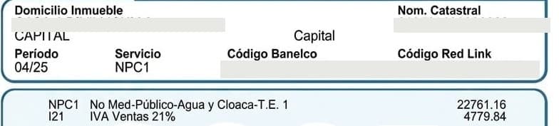 Detalle de período, servicio NPC1, códigos bancarios ocultos y cargos por agua, cloaca e IVA