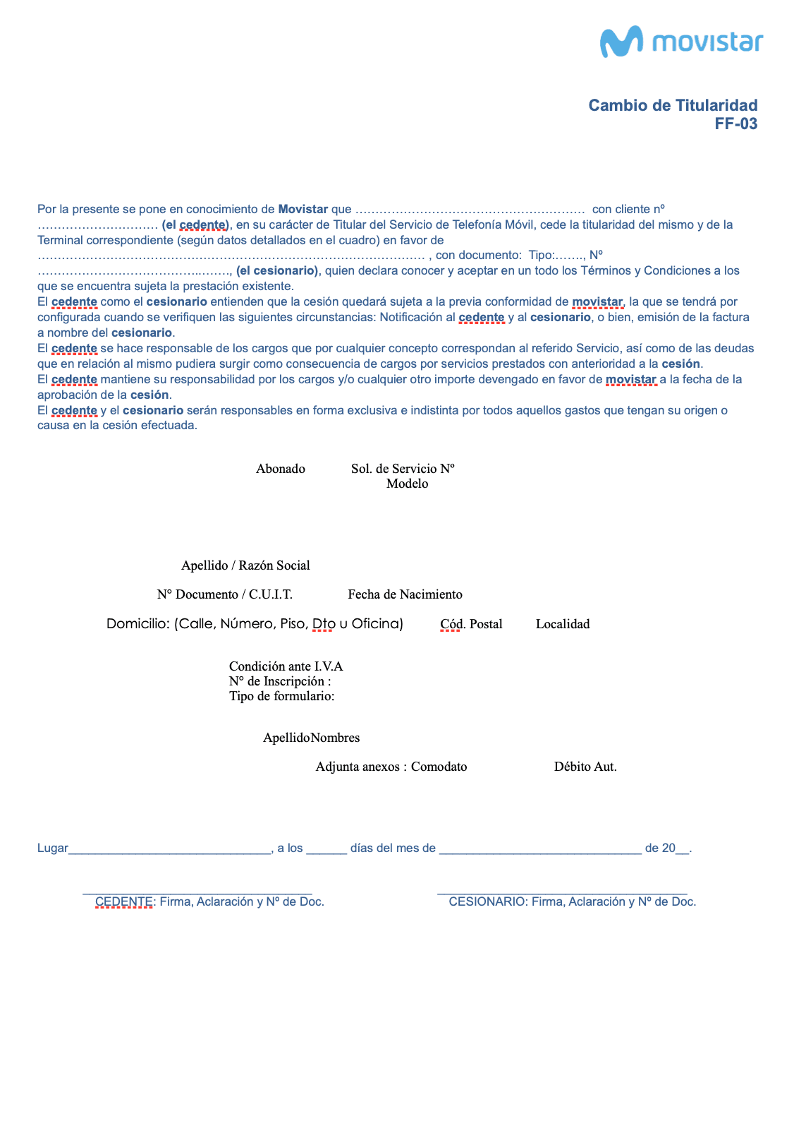 Formulario de Cambio de Titularidad Movistar