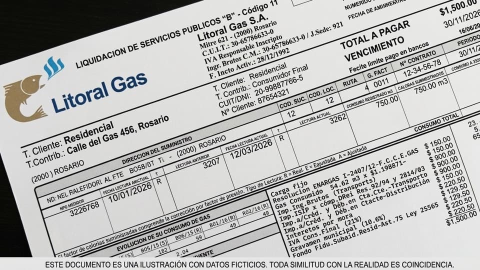 Factura de Litoral Gas de ejemplo con datos ficticios, número de cliente, vencimiento, consumo y total a pagar