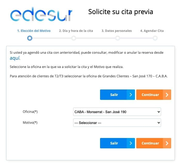 Formulario inicial de turnos de Edesur con la selección de oficina y trámite, sin datos personales ingresados.
