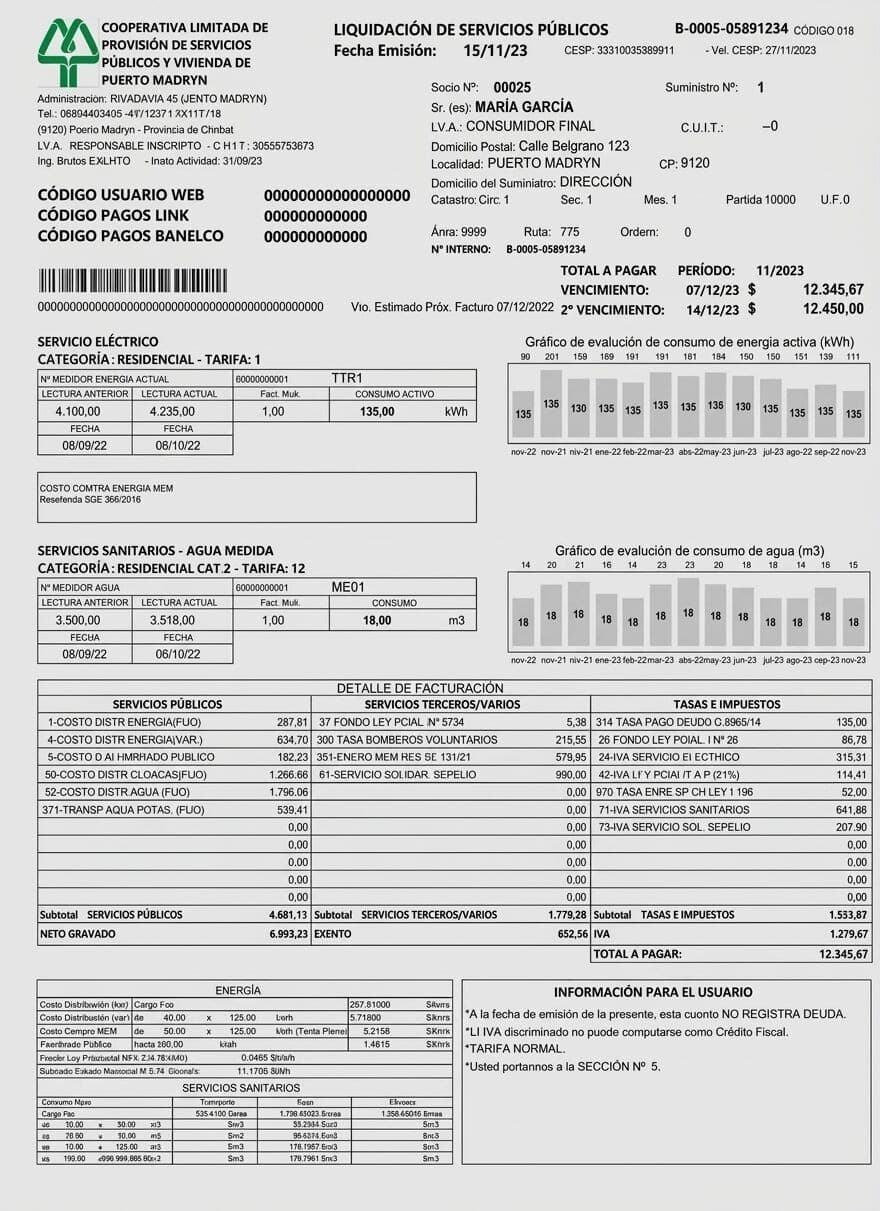 Factura de Servicoop de ejemplo, anonimizada, con período, vencimientos, códigos de pago, consumos y total a pagar