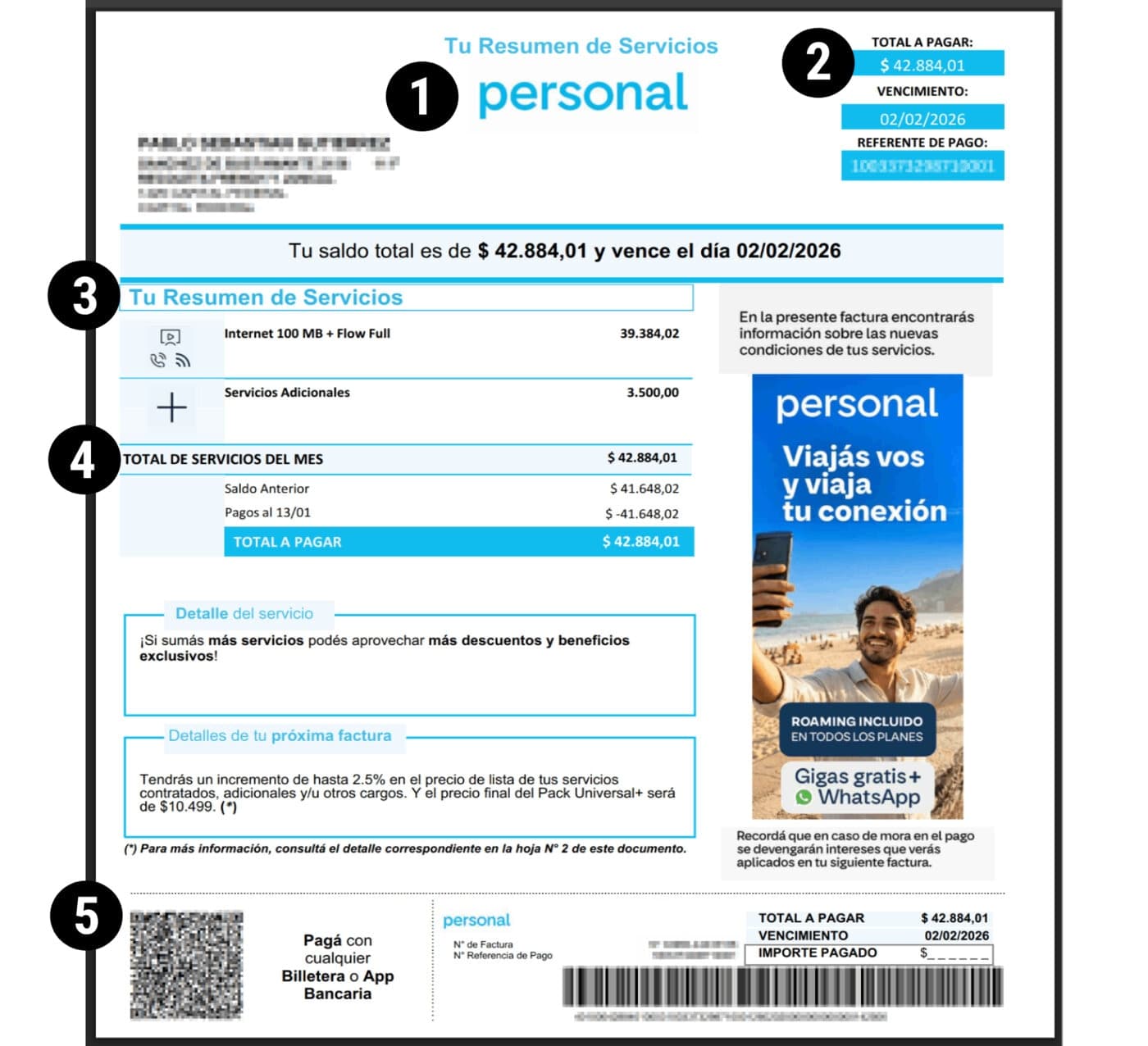 Ejemplo de factura de Personal con el referente de pago, el total, el vencimiento y el detalle del abono señalados