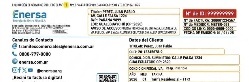Encabezado de una factura de ENERSA con el número de ID en el recuadro rojo y, debajo, el número de factura, el número de medidor, el código LINK y la fecha de emisión
