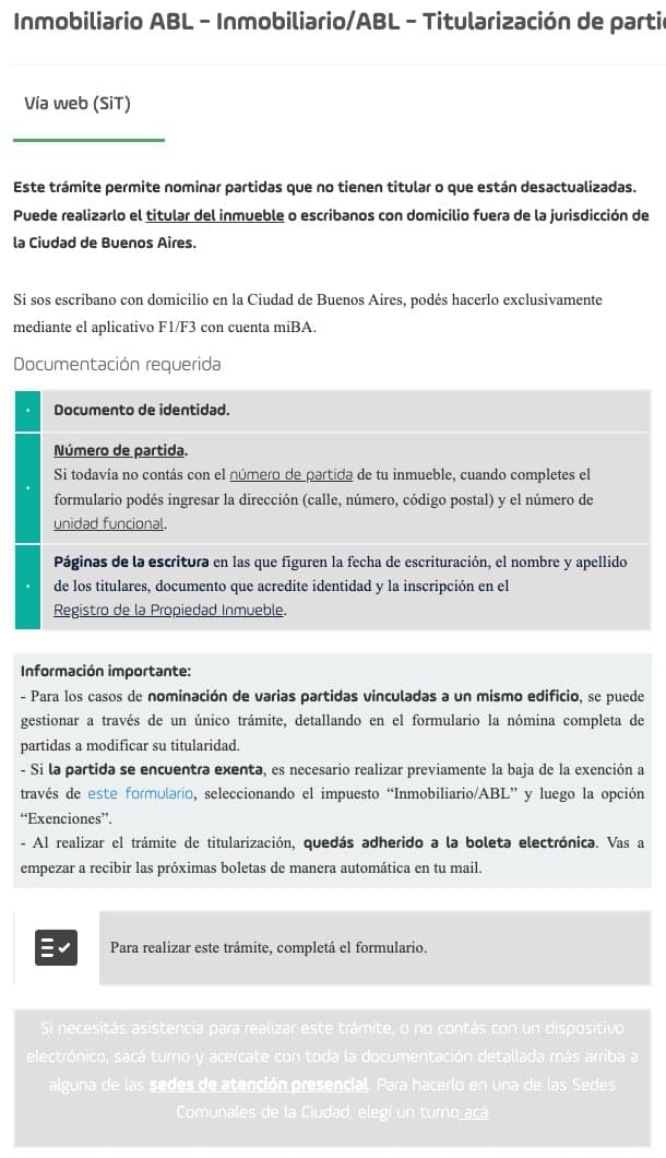 Ficha de AGIP para la titularización de partidas del ABL: documento de identidad, número de partida, páginas de la escritura inscripta, baja previa de exenciones y adhesión a la boleta electrónica.