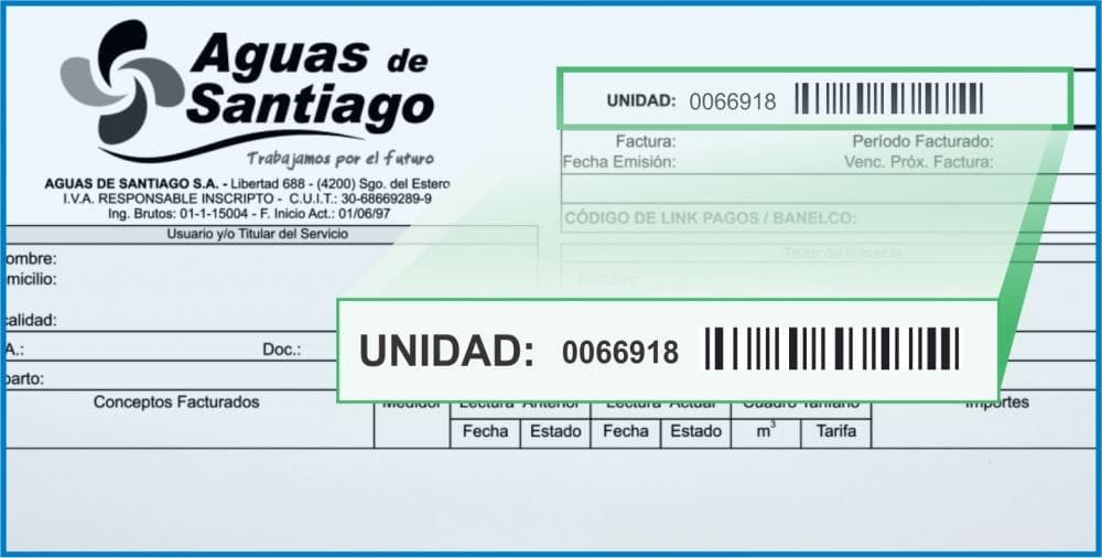 Encabezado de una factura de Aguas de Santiago, con el número de unidad y su código de barras destacados en el recuadro superior derecho, que es el dato que piden todos los canales de pago