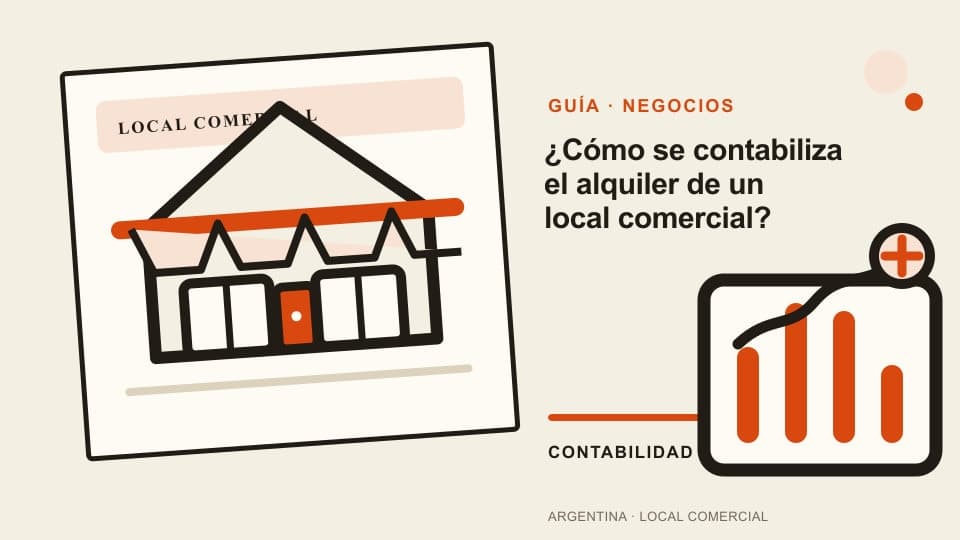 Vista previa de la guía sobre cómo contabilizar el alquiler de un local comercial, con un local ilustrado y un gráfico contable.
