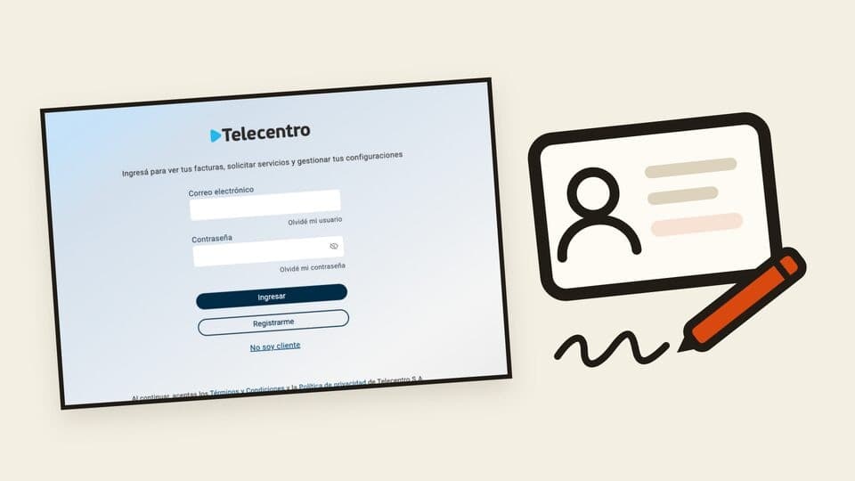 Vista previa de la guía de cambio de titularidad de Telecentro, con una factura de Telecentro, un DNI y una lapicera.