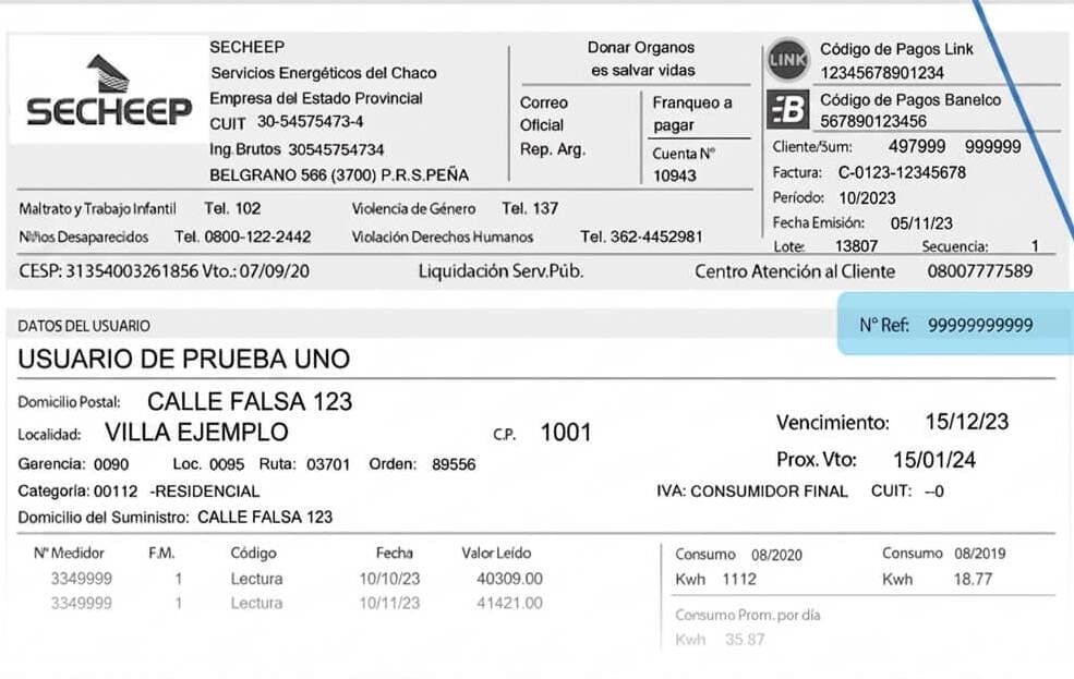 Factura de SECHEEP de ejemplo: el número de cliente y el de suministro están arriba a la derecha, y el número de medidor abajo, en la tabla de lecturas