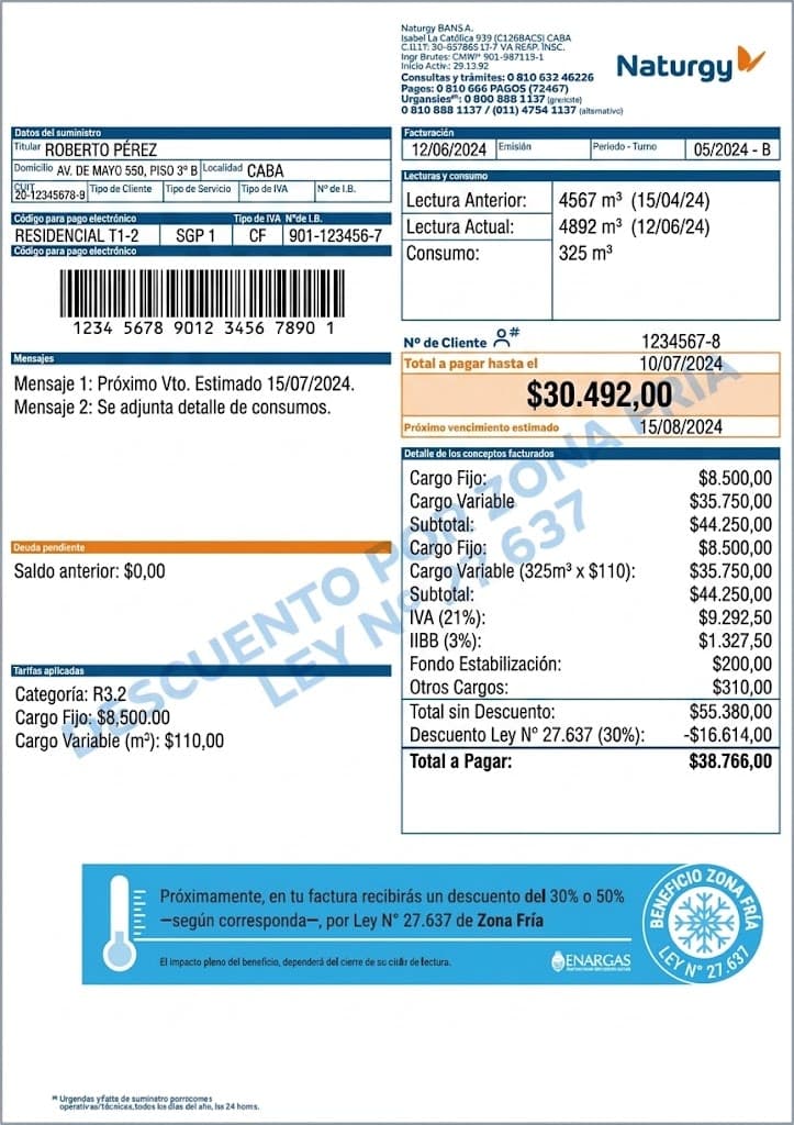Ejemplo de factura de gas de Naturgy BAN con los datos del suministro, el número de cliente, las lecturas del medidor, el total a pagar y el detalle de los conceptos facturados