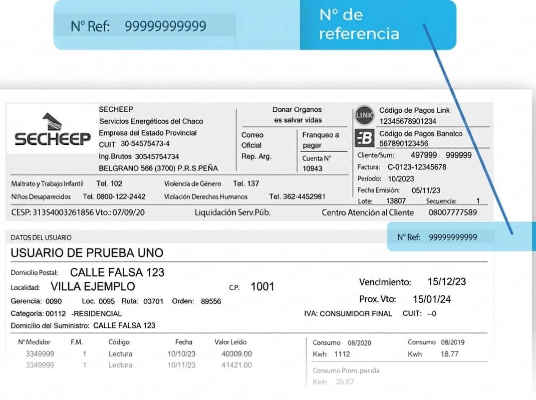 Esquema de la factura de SECHEEP publicado por la empresa, con el número de referencia señalado dentro de la franja de datos del usuario, junto al encabezado con los códigos de pago Link y Banelco, el número de cliente y suministro, el período y el vencimiento