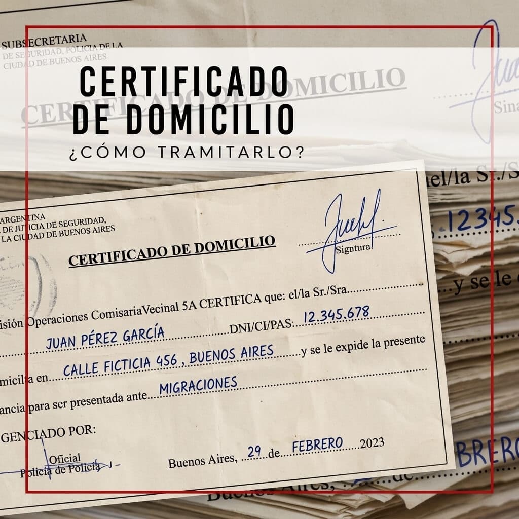 Modelo de certificado de domicilio de la Ciudad de Buenos Aires, completado con datos ficticios: nombre del titular, número de DNI, domicilio y el organismo ante el que se presenta