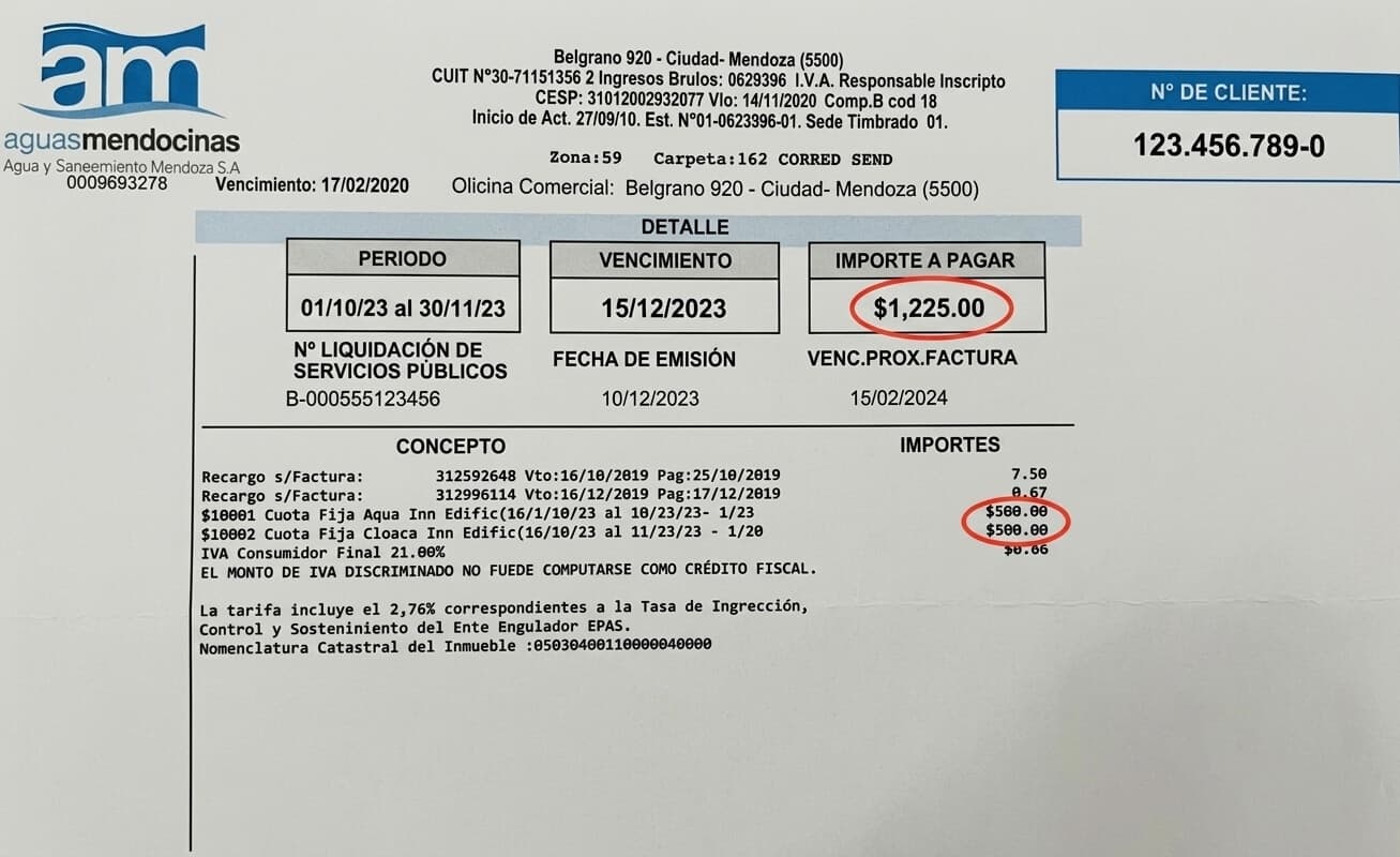 Factura de AYSAM con el número de cliente, el importe a pagar, el vencimiento y el detalle de conceptos visibles