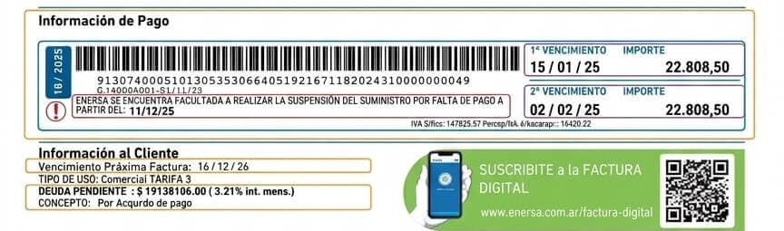 Bloque de información de pago de una factura de ENERSA con el código de barras, el primero y el segundo vencimiento con sus importes, la fecha de suspensión por falta de pago y la deuda pendiente