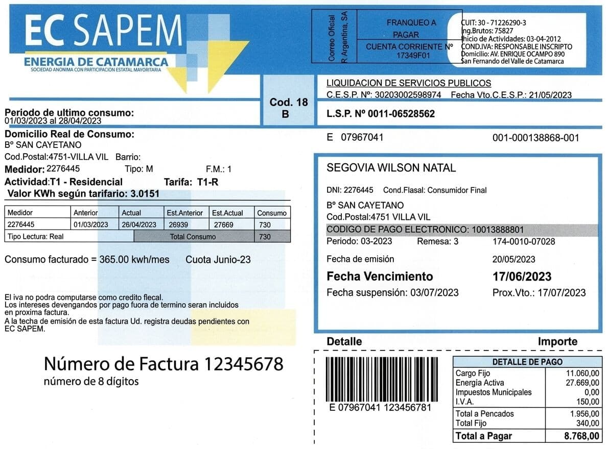 Factura de EC SAPEM de ejemplo, anonimizada, con el suministro, el vencimiento, el código de pago y el total