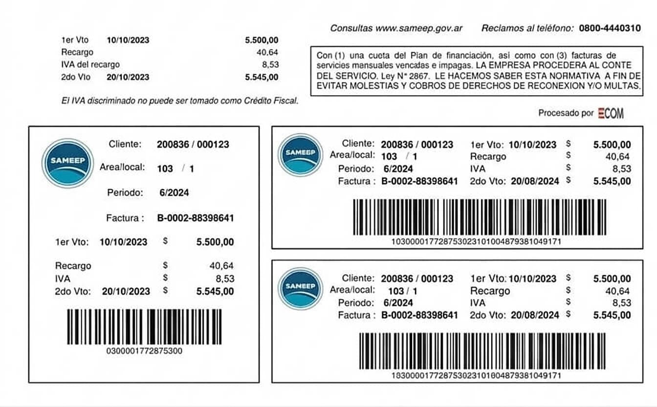 Talones de pago de una factura de SAMEEP de ejemplo, con el número de cliente y de suministro, el período, el primer y el segundo vencimiento con sus importes, el recargo y los códigos de barras