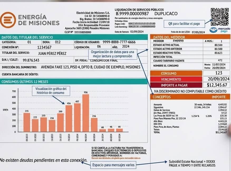 Factura de EMSA de ejemplo, donde se ven el número de conexión, el consumo en kWh y el detalle de conceptos