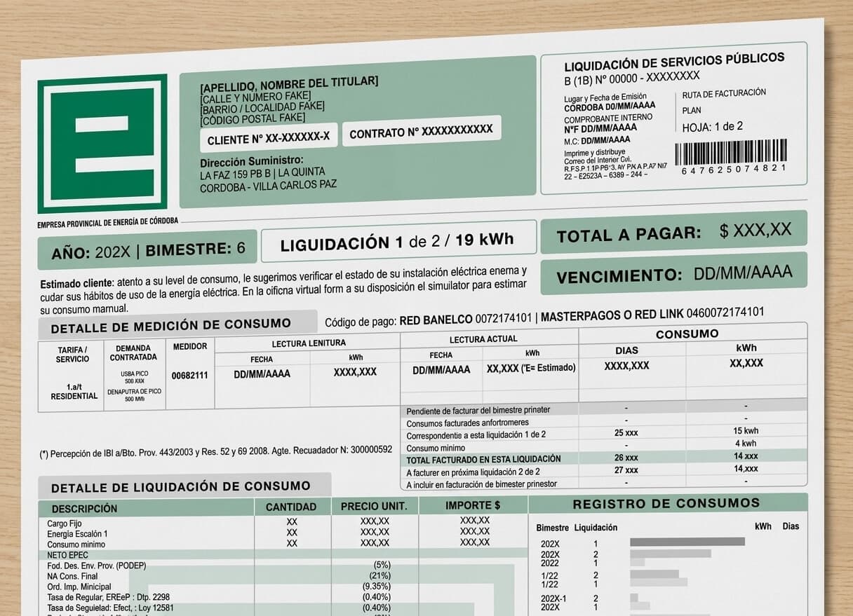 Detalle de medición de consumo de una factura de EPEC, con la casilla «Tarifa / Servicio» a la izquierda mostrando la categoría del suministro junto a la demanda contratada y el número de medidor