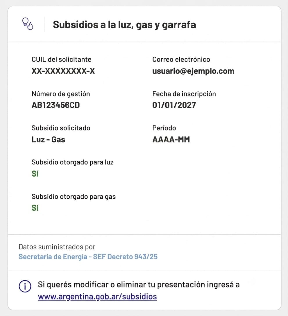 Consulta del subsidio a la luz, gas y garrafa en Mis Trámites de Mi Argentina, mostrando el subsidio otorgado para luz y para gas