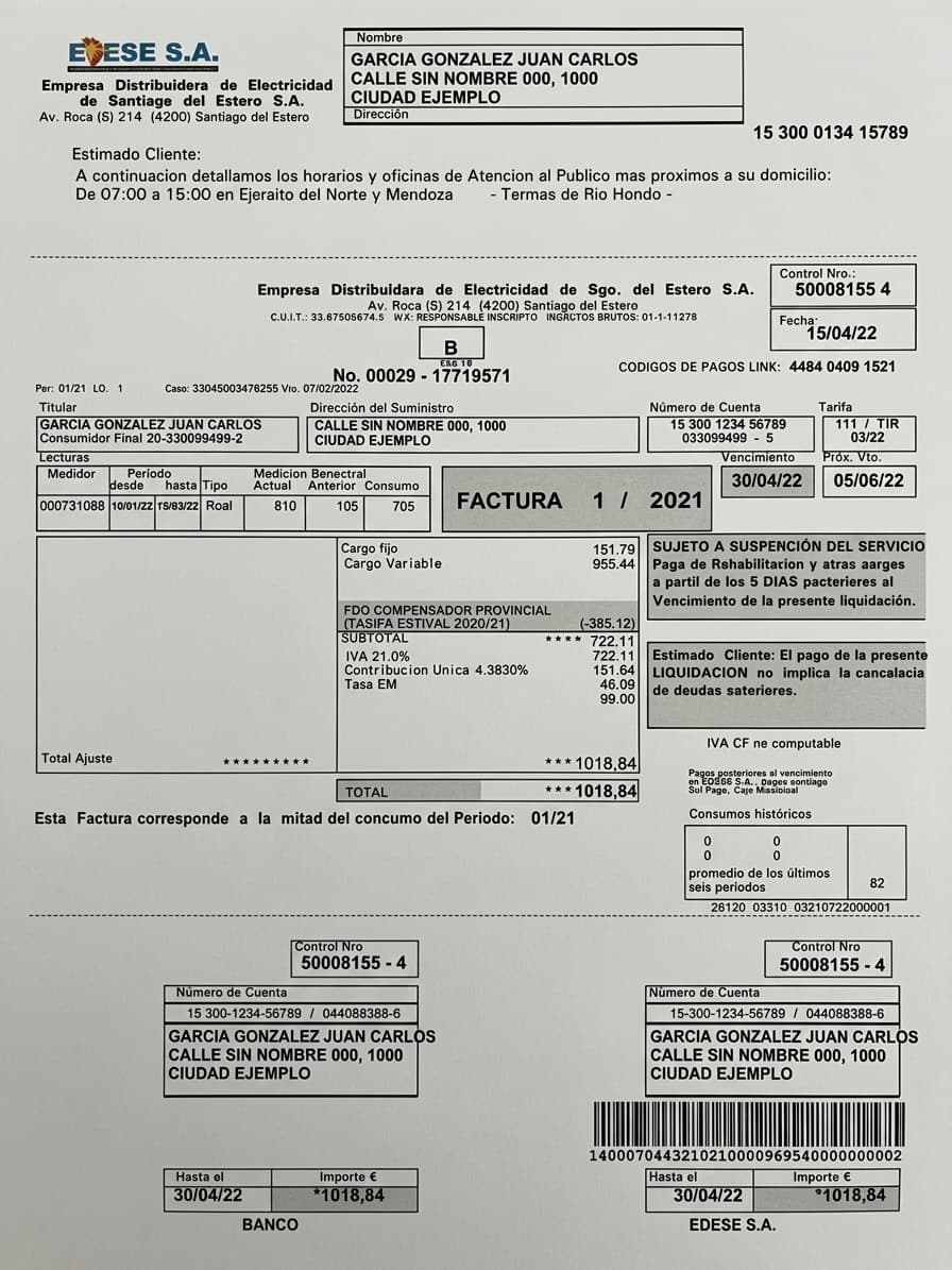 Factura de EDESE de ejemplo completa, con el sobre superior, el encabezado fiscal y los códigos de pagos Link, los datos del suministro, la tabla de lecturas, el detalle de conceptos con el total y los dos talones de pago del pie