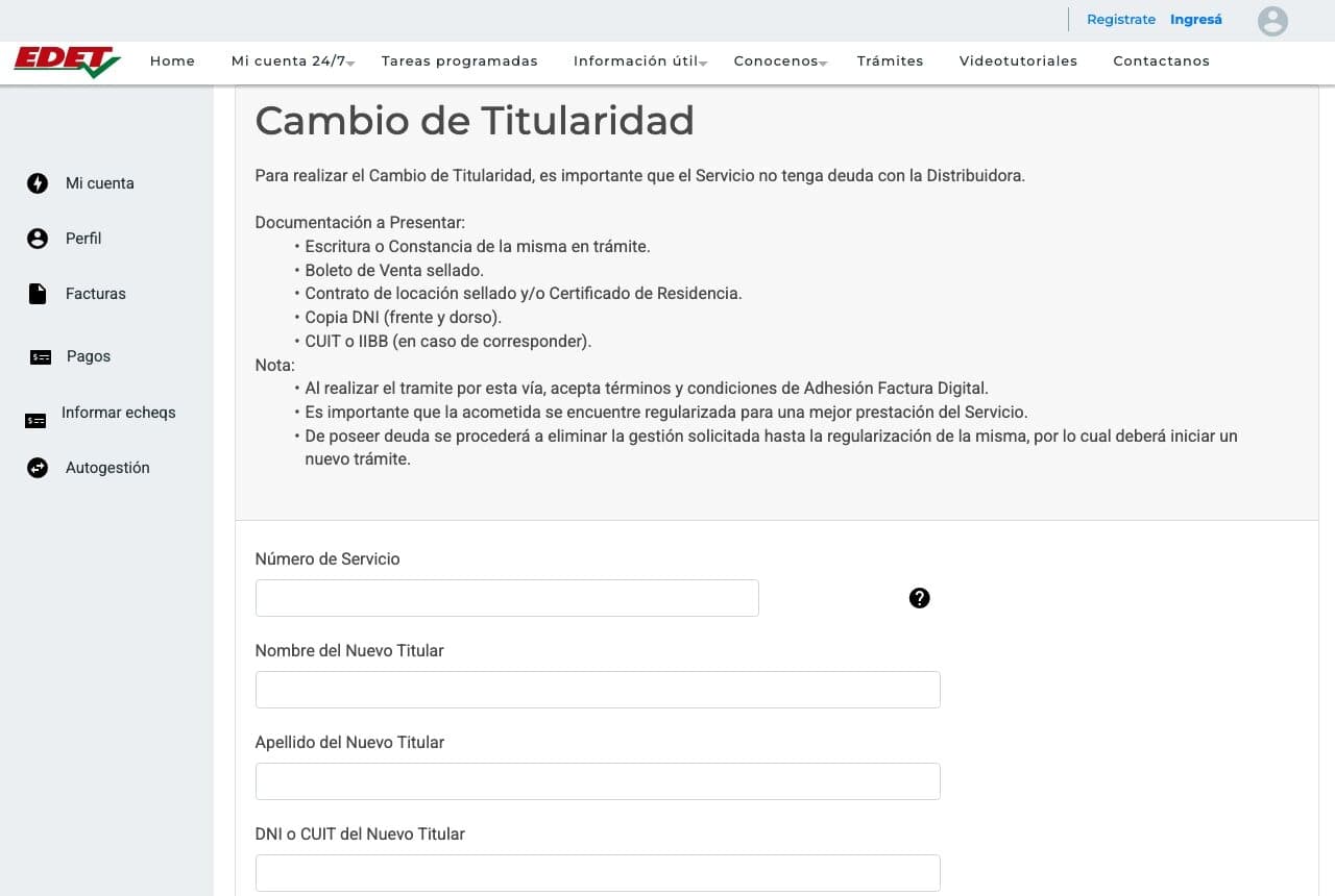 Formulario público de EDET con los campos del nuevo titular y la documentación para cambiar la titularidad.