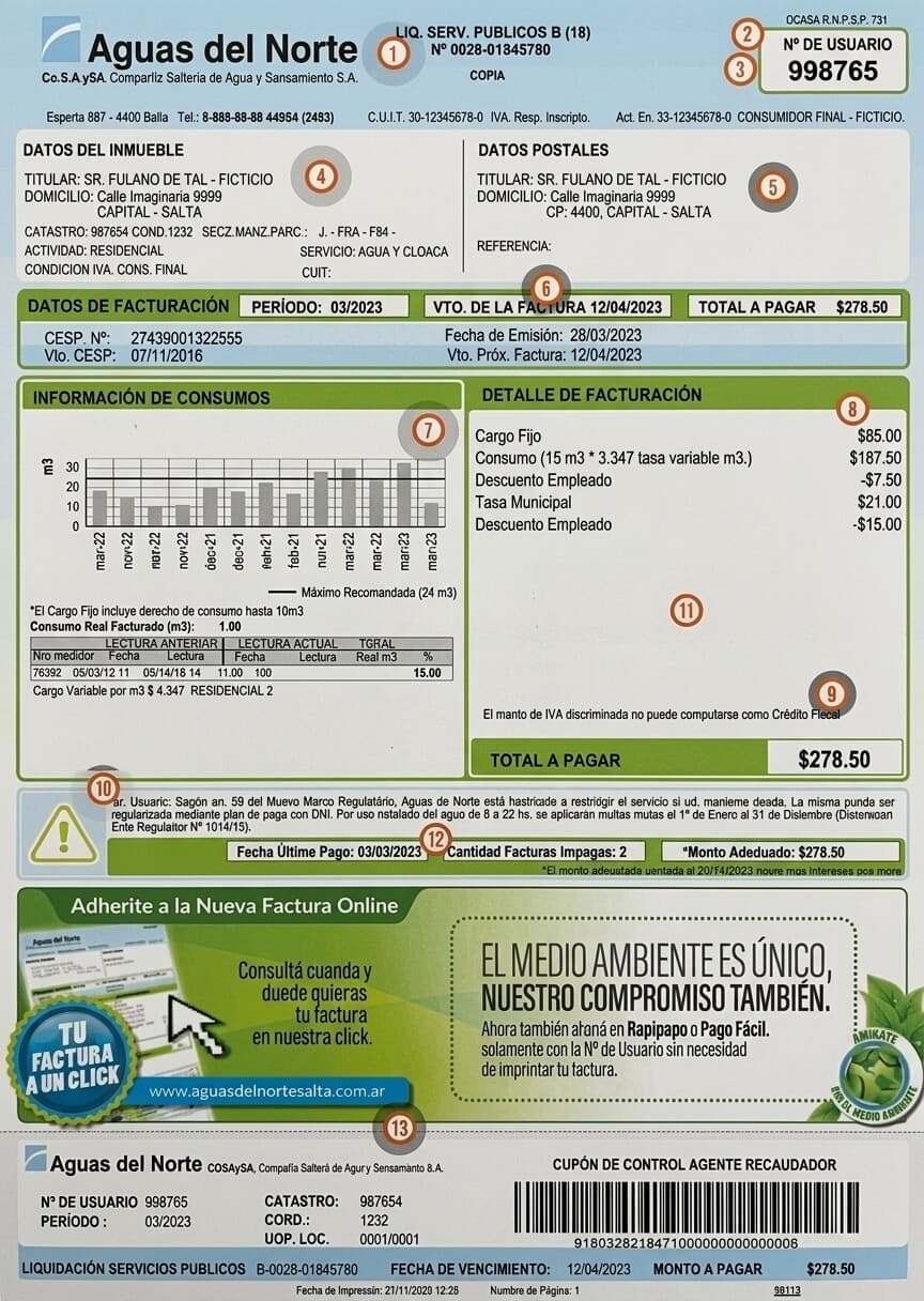 Factura de Aguas del Norte COSAySA de ejemplo con el número de usuario, los datos del inmueble, el consumo, el detalle de facturación, la deuda y el talón de pago