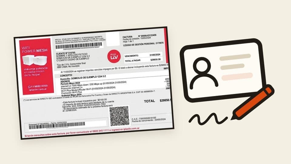 Vista previa de la guía de cambio de titularidad de iPlan, con una factura de iPlan, un DNI y una lapicera.