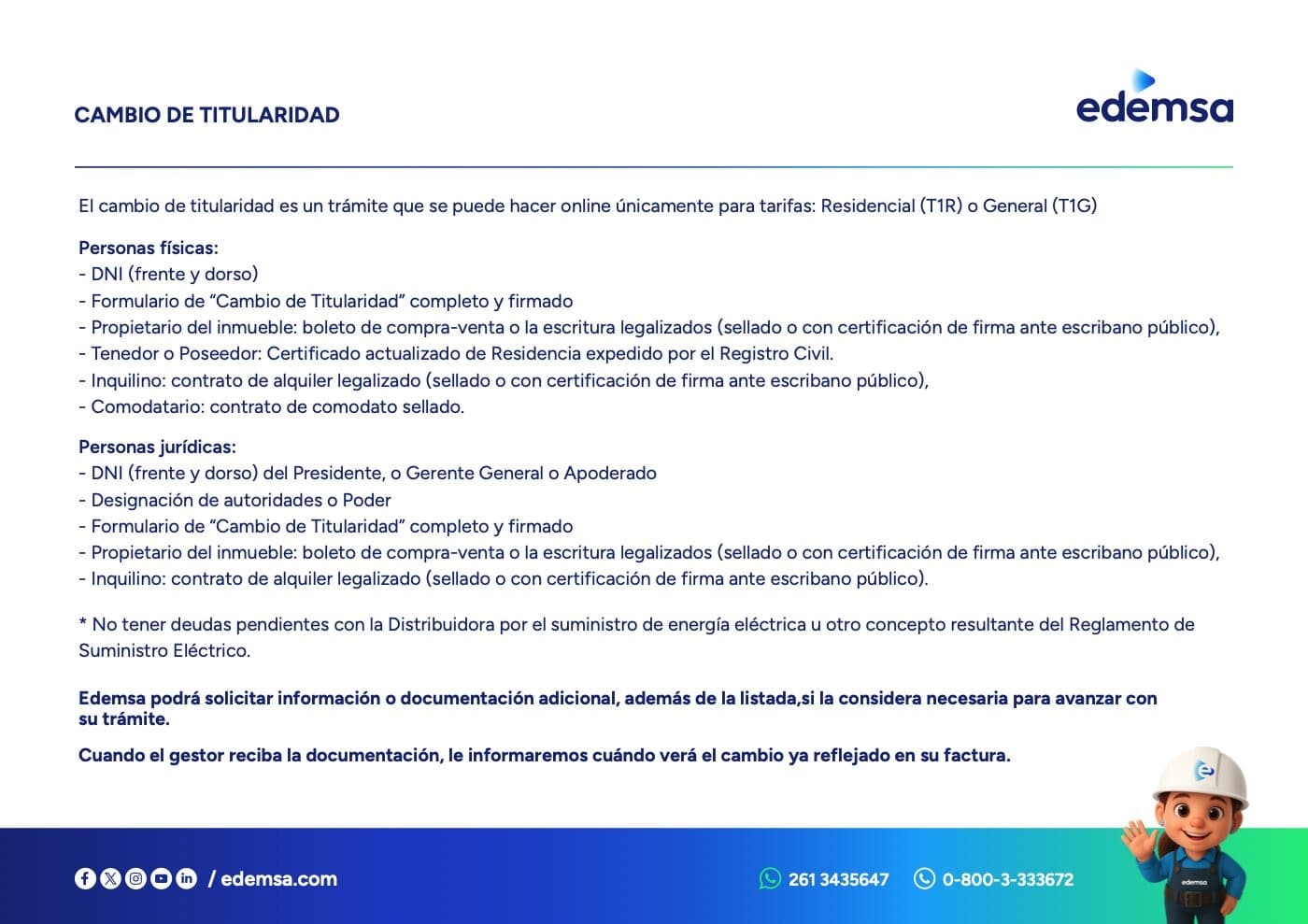 Tutorial oficial de EDEMSA con los requisitos del cambio de titularidad para personas físicas y jurídicas.