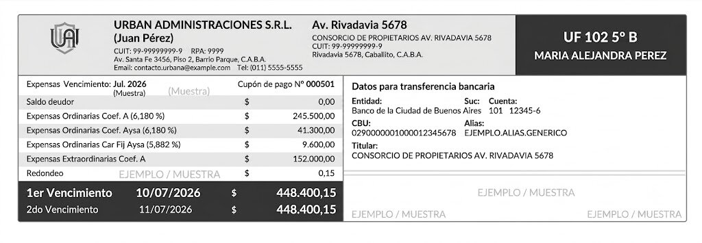 Ejemplo de liquidación de expensas con el detalle de rubros y las fechas de vencimiento