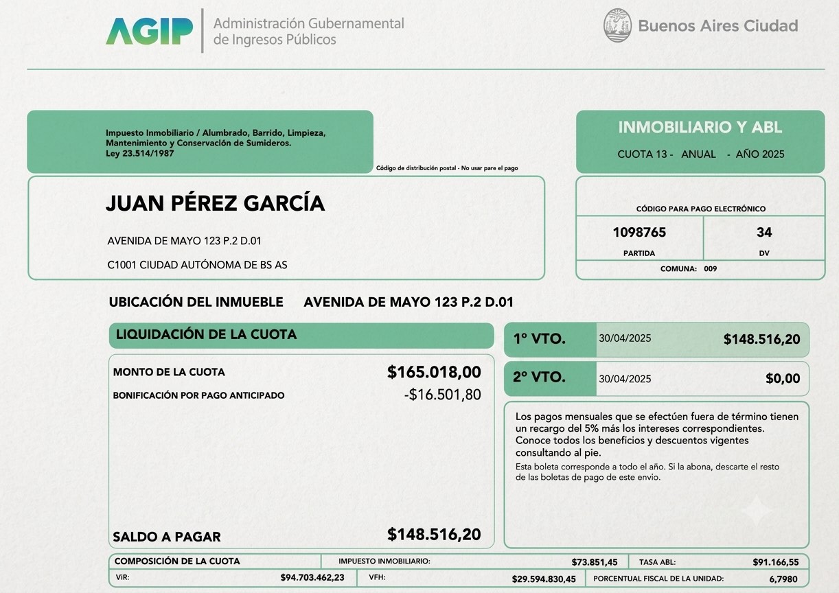 Boleta anual de Inmobiliario y ABL de AGIP, cuota 13, con la bonificación por pago anticipado y el saldo a pagar señalados