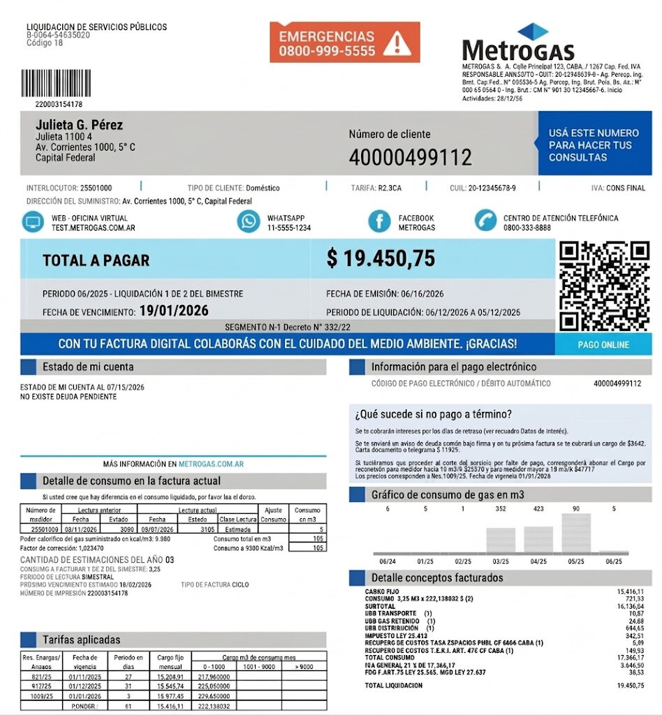 Ejemplo de factura de MetroGAS con el número de cliente, el total a pagar, el vencimiento y el consumo en m³ señalados